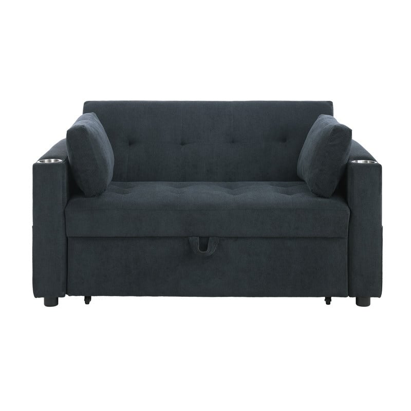 Luelle 57"W Corduroy Convertible Sleeper Loveseat with Cupholders, USB Ports, Magazine Pockets, Pillows, Tufting