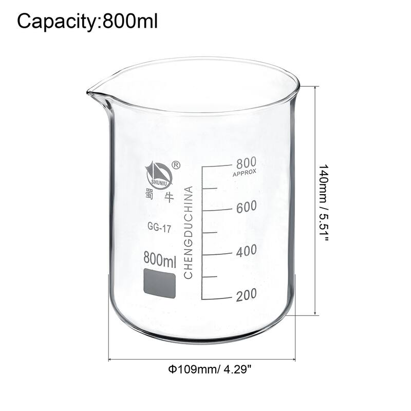 800ml Low Form Glass Beaker, 3.3 Borosilicate Lab Measuring Cups - Clear
