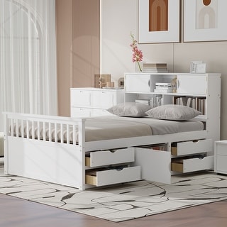 Full Size Captain Platform Bed Frame with Storage Bookcases and Shelves, Four Drawers,White