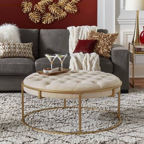slide 2 of 26, Perdita Gold Finish Velvet Round Tufted Ottoman by iNSPIRE Q Bold