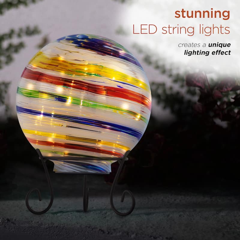 Alpine Corporation 8" Diameter Indoor/Outdoor Glass Gazing Globe with LED Lights and Stand, Multicolor