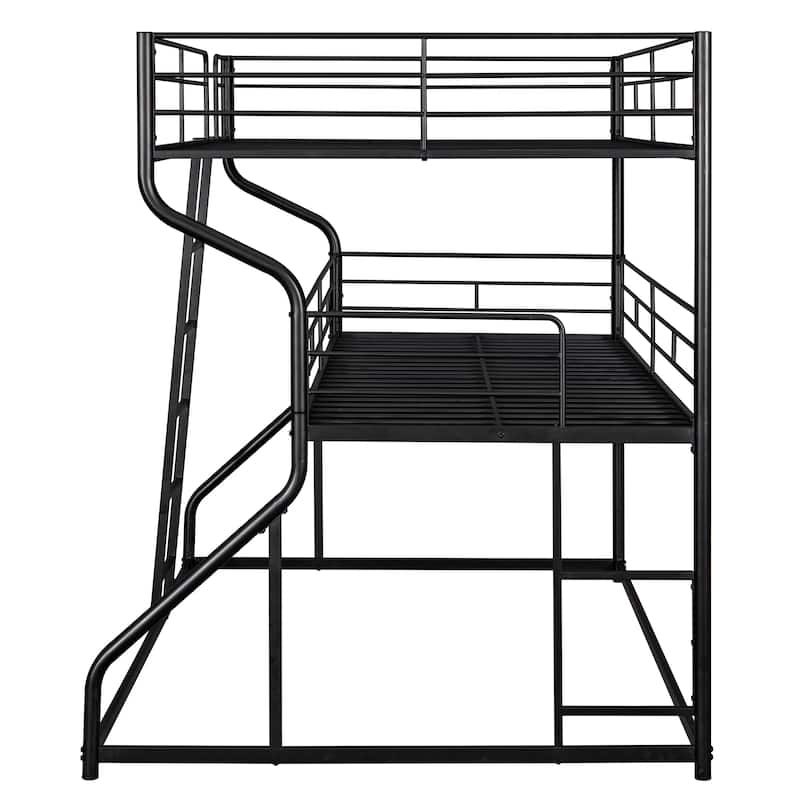 Full XL/Twin XL/Queen Triple Bunk Bed with Long and Short Ladder, Curved Metal Triple Bunk Bed Frame with Safety Guardrail