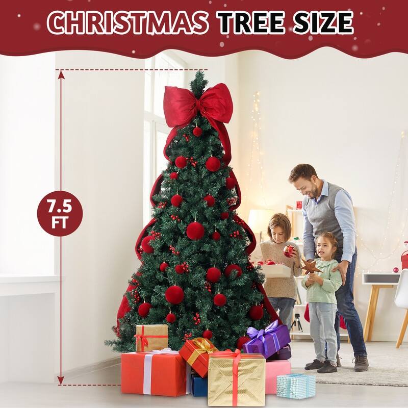 7.5 FT Artificial Christmas Tree with Giant Bowknot and Red Ball Ornament