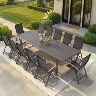 9/11/13-Piece Outdoor Patio Dining Set All-Weather Aluminum Dining Table with Umbrella Hole and Adjustable Folding Chairs