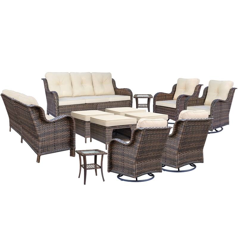 12 Piece Outdoor Wicker Patio Furniture Seating Set with Swivel Chairs
