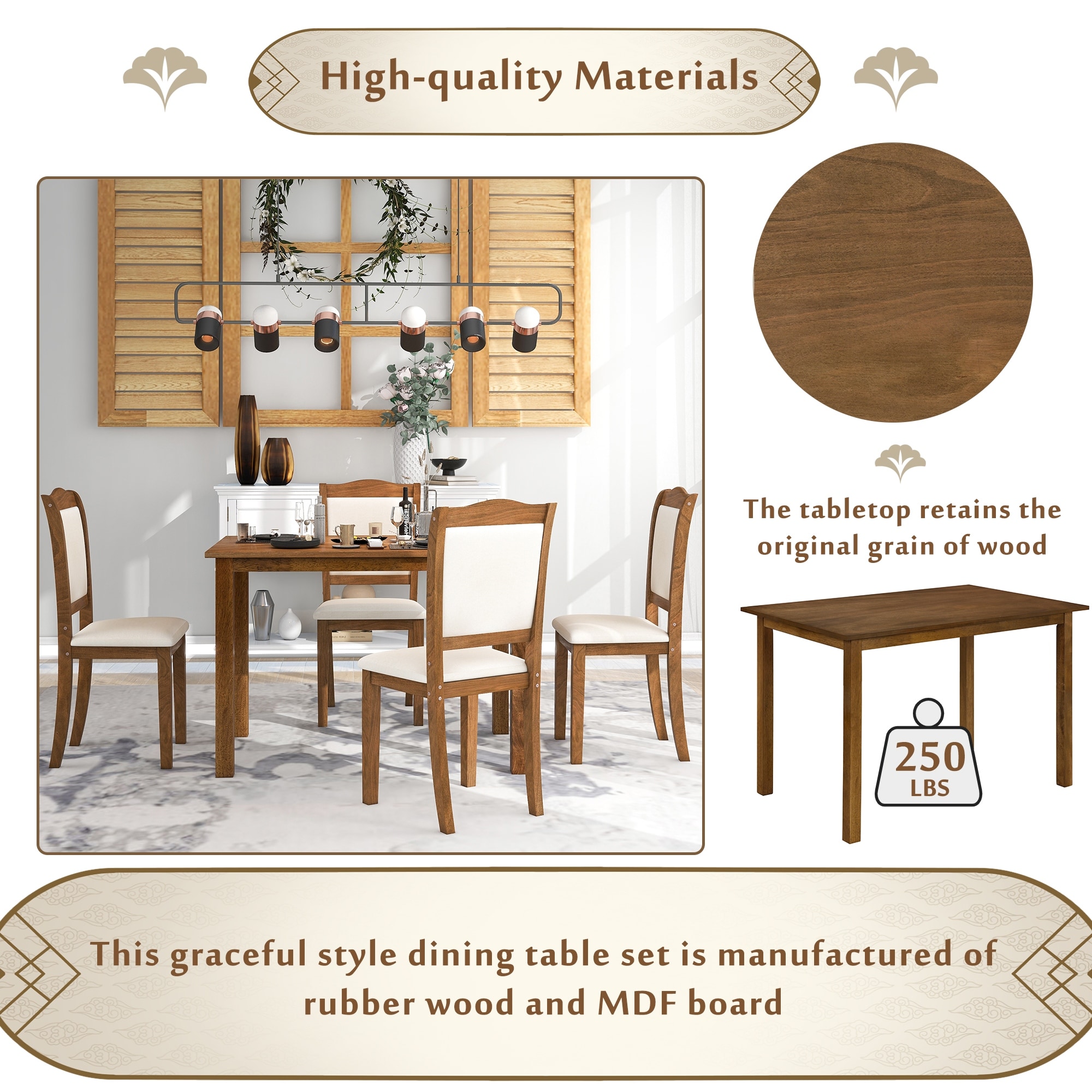 Elegant 5 Piece Wood Dining Table Set with Upholstered Chairs