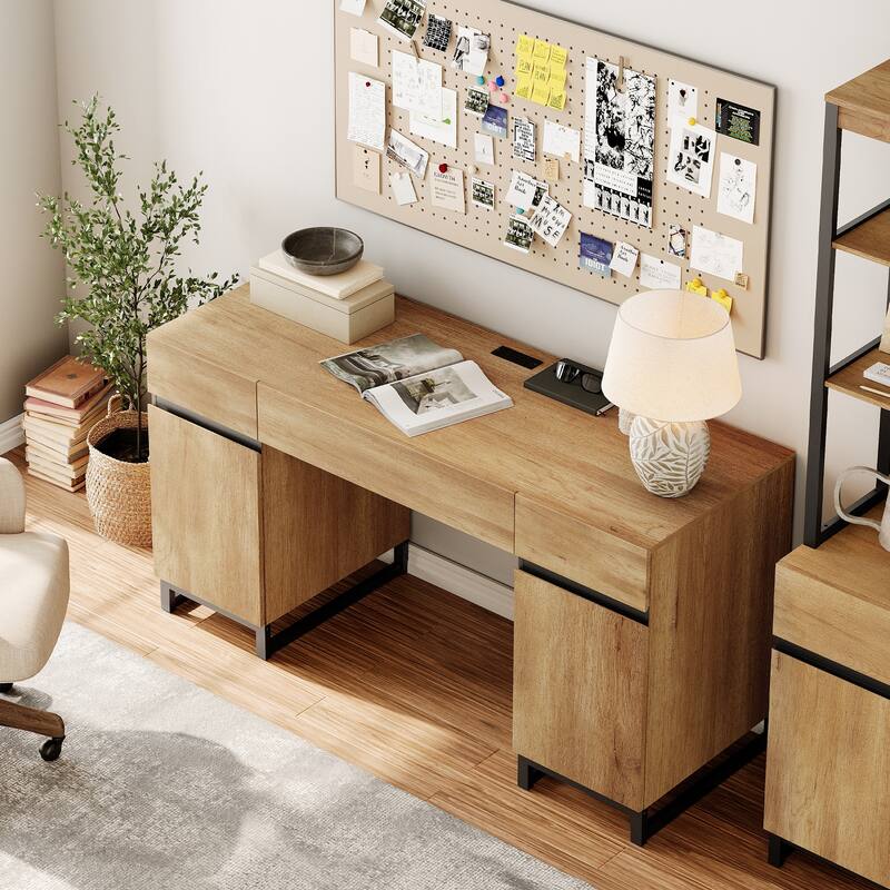 WAMPAT 59" Modern Executive Desk with Charging Station & Storage Cabinet + 72" Tall Bookcases.