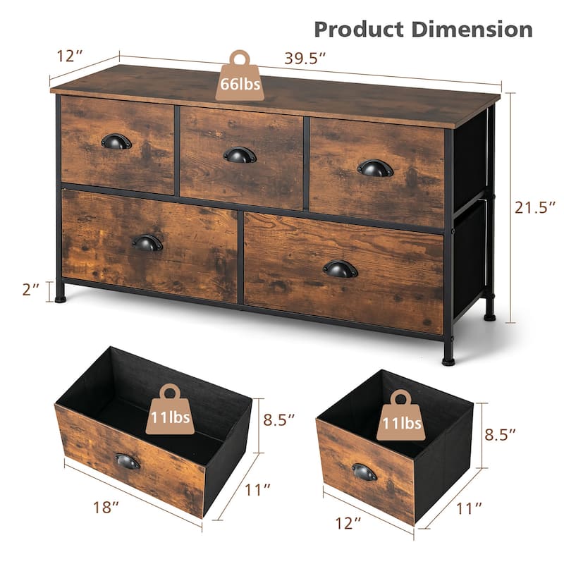 5 Drawer Dresser Chest of Drawers with Wood Top Steel Frame