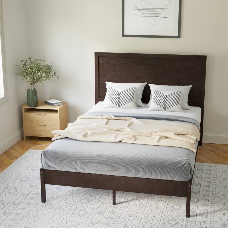 Solid Wood Platform Bed with Headboard and Wooden Slats
