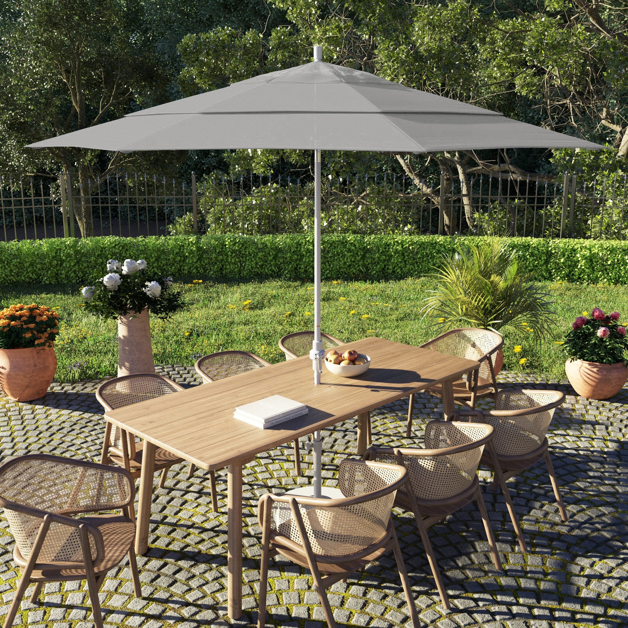 fiberglass patio umbrella PatioKingdom Umbrella, 3 Tier Auto-tilt Outdoor Table Patio Kingdom strong fiberglass ribs 8.5' Rectangle Pulley Essential Fiberglass