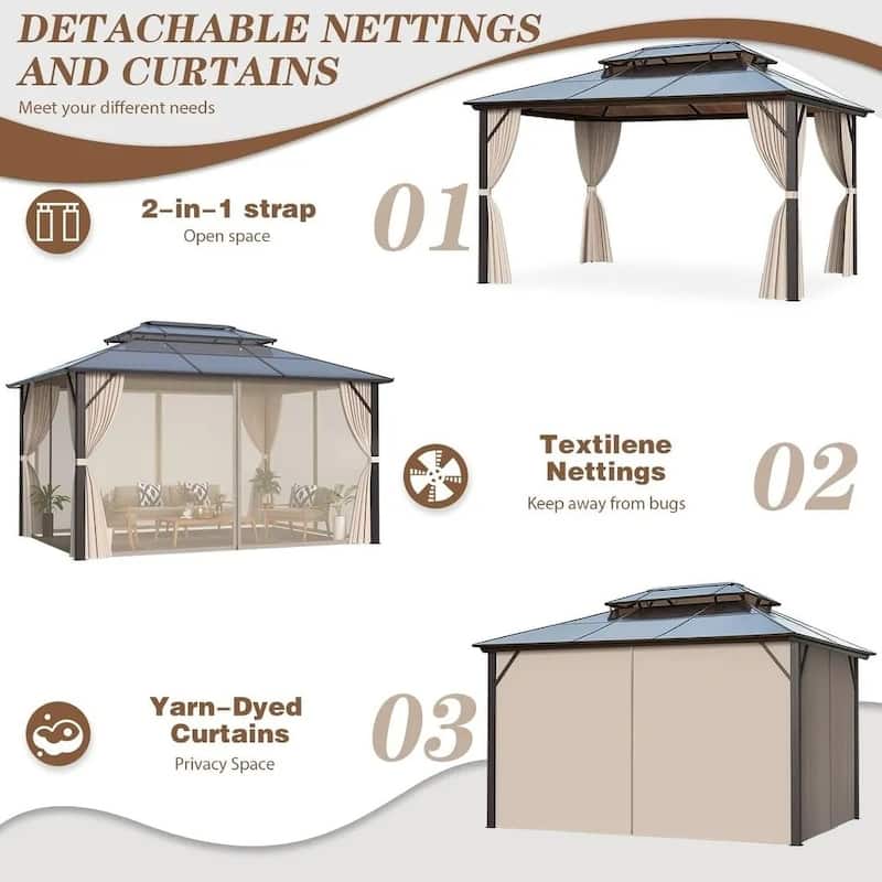 EROMMY 10x13 Outdoor Permanent Hardtop Pergola Gazebo with Double Roof Design, Featuring Premium Curtains and Netting