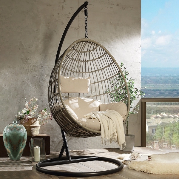 Outdoor Wicker Swing Chair Hanging Egg Chair with Cushion and Pillow