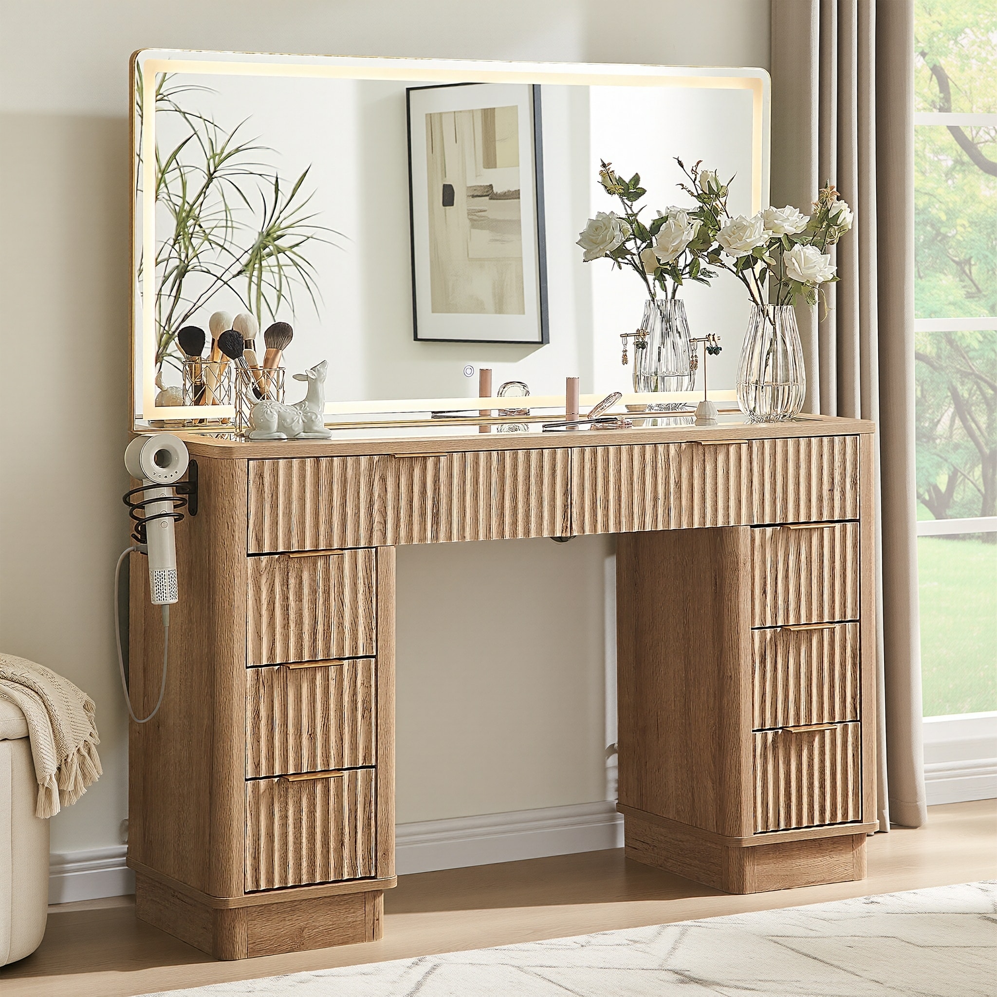 Modern Fluted Makeup Vanity Desk with Mirror, Lights, Charging Station