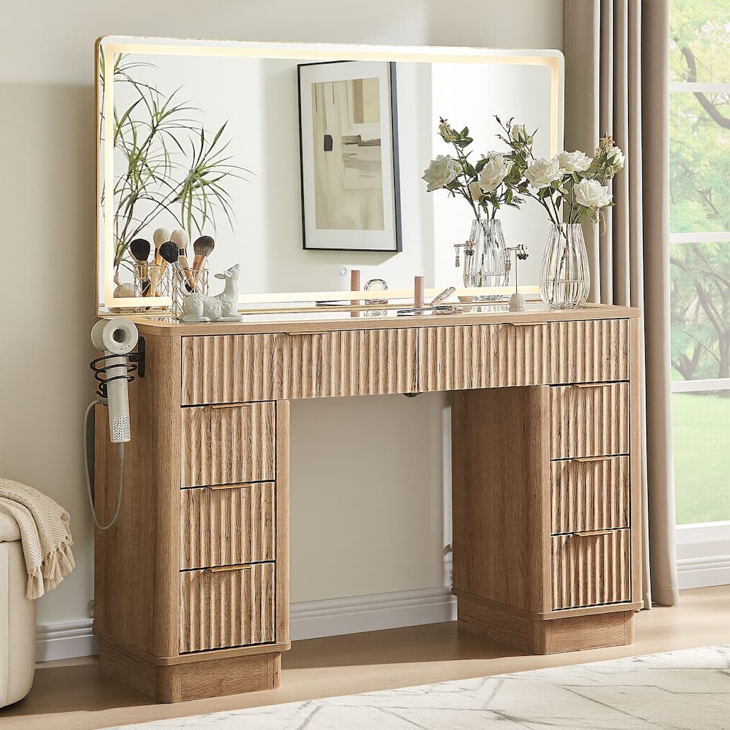 Modern Fluted Makeup Vanity Desk with Mirror, Lights, Charging Station