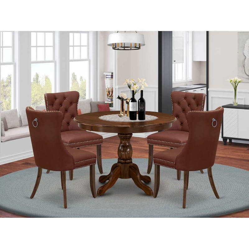 Modern 5 Piece Dining Set - Round Table & 4 Upholstered Chairs - Vintage Walnut Finish