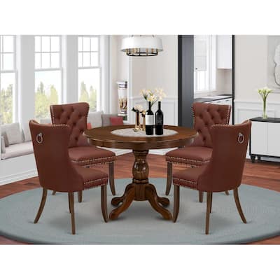 Modern 5 Piece Dining Set - Round Table & 4 Upholstered Chairs - Vintage Walnut Finish