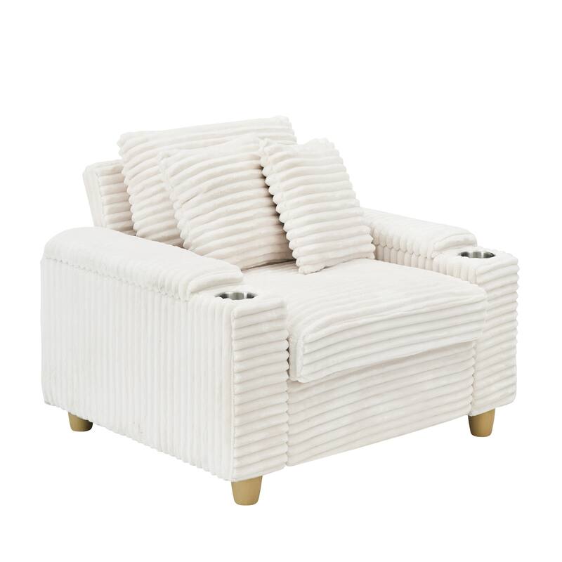 White Corduroy Single Sofa with Storage and Pillows, 57x41x31 inches