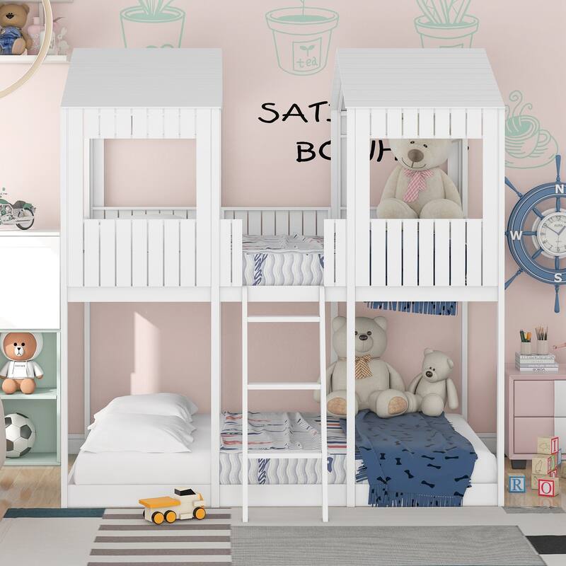 Full Over Full WoodBunk Bed with Roof, Window, Guardrail, Ladder