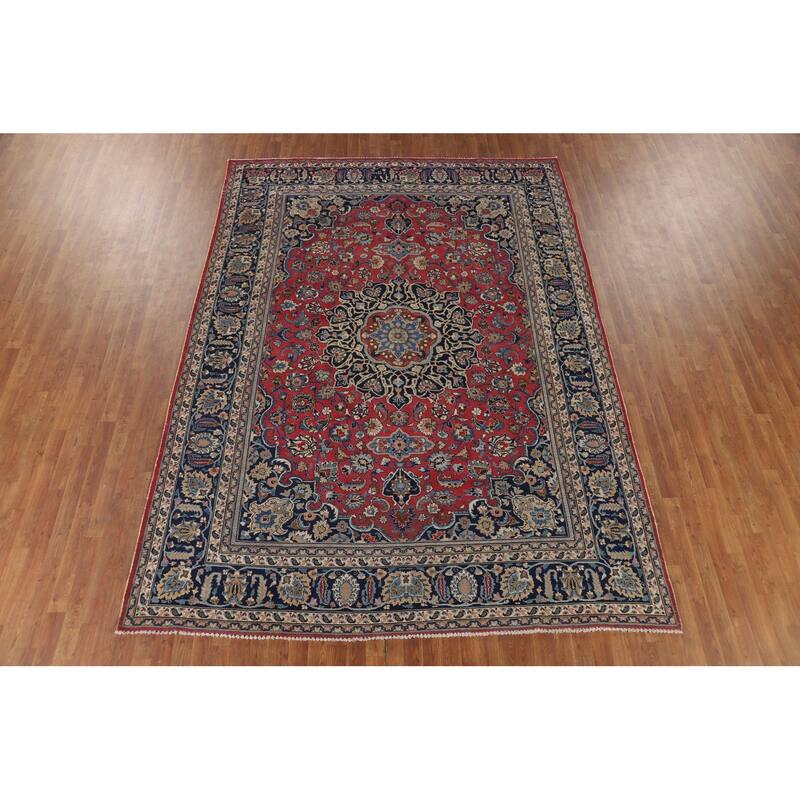 Signed Mashad Vintage Persian Area Rug Handmade Wool Carpet - 8'3" x 11'3"