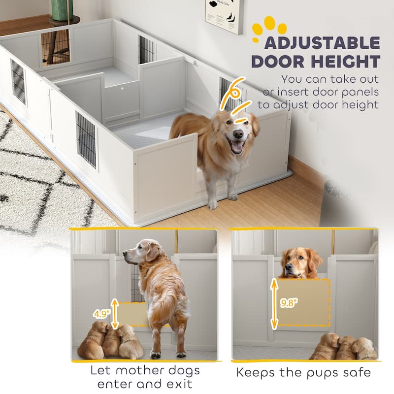 PawHut Whelping Box for Dogs and Puppies, Dog Whelping Box with Waterproof Pee Pad, Adjustable Height Door, 96" x 47" x 19"
