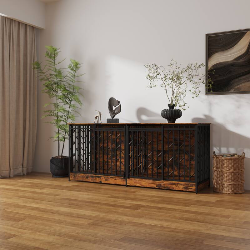 Large Double Dog Crate Furniture for Medium and Large Dogs, Rustic Industrial Dog Kennel End Table