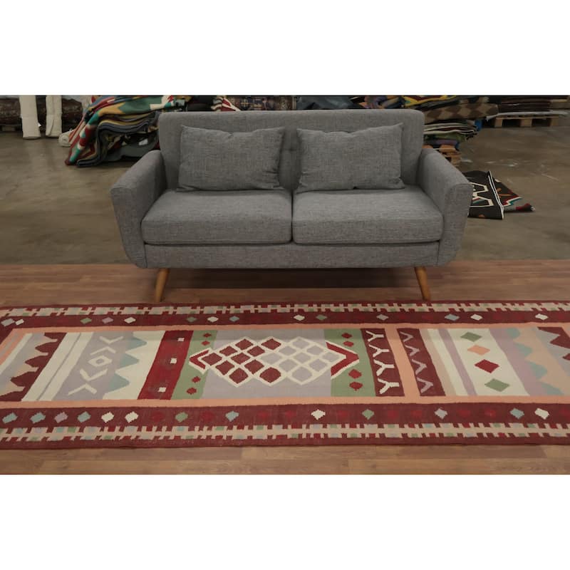 Hand Woven Oriental 100% Wool Carpet Southwestern Tribal Multi-Colored Kilim Runner Rug - 9' 10'' X 3' 4''