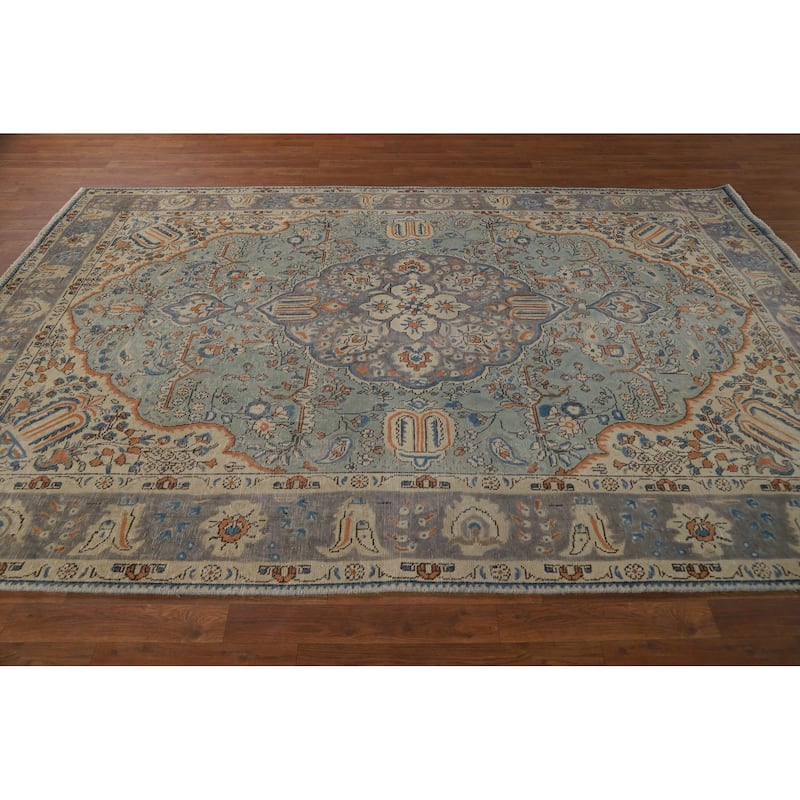 Light Blue Floral Tabriz Persian Area Rug Hand-Knotted Wool Carpet - 6'5"x 9'5"