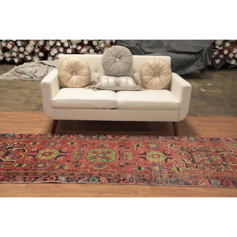 Hand Knotted Oriental 100% Wool Carpet Traditional Geometric Oranges & Rust Heriz Runner Rug - 11' 1'' X 3' 4''