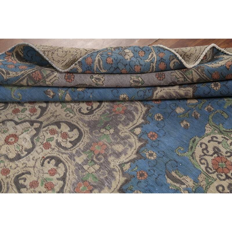 Distressed Blue Tabriz Persian Vintage Rug Hand-Knotted Wool Carpet - 6'10"x 10'8"
