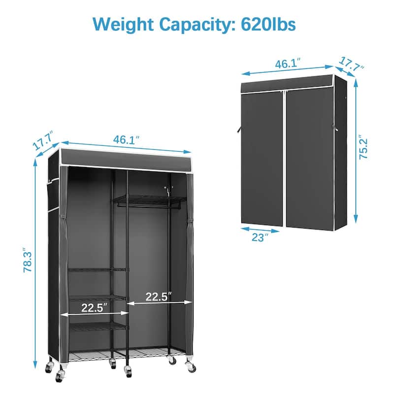 Portable Closets Rolling Clothes Rack 6 Tiers Adjustable Wire Garment ...