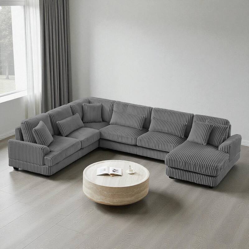 129" Oversized U-Shaped Sectional Sofa with Chaise Lounge, Soft Corduroy Upholstery and Pillows for Living Room - Dark Grey
