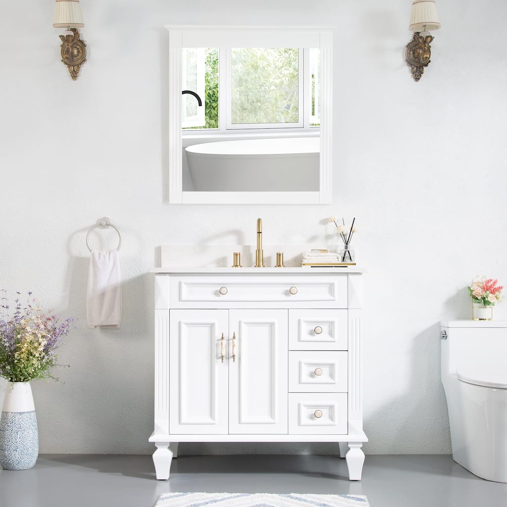 35'' H X 36'' W Solid Wood Bath Vanity with Stain-resistant Carrera Quartz Top and Single Sink