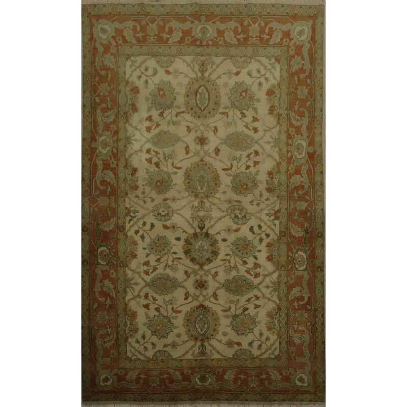 Hand Knotted Oriental 100% Wool Carpet Traditional Floral Beige & Ivories Peshawar Area Rug - 8' 6'' X 5' 11''