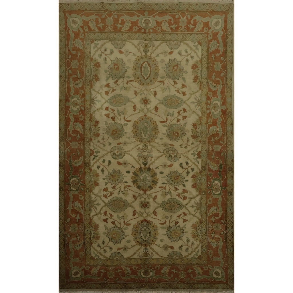 Hand Knotted Oriental 100% Wool Carpet Traditional Floral Beige & Ivories Peshawar Area Rug - 8' 6'' X 5' 11''