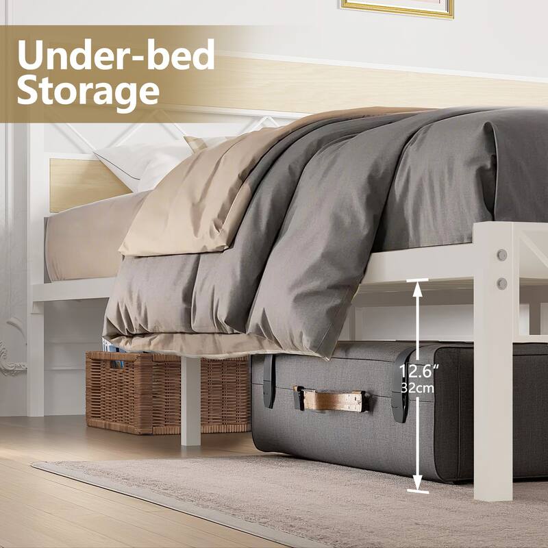 VECELO Vintage Metal Platform Bed Frame with Wood Headboard, Storage Bed, Noise-Free, No Box Spring Needed, Twin/Full/Queen Size