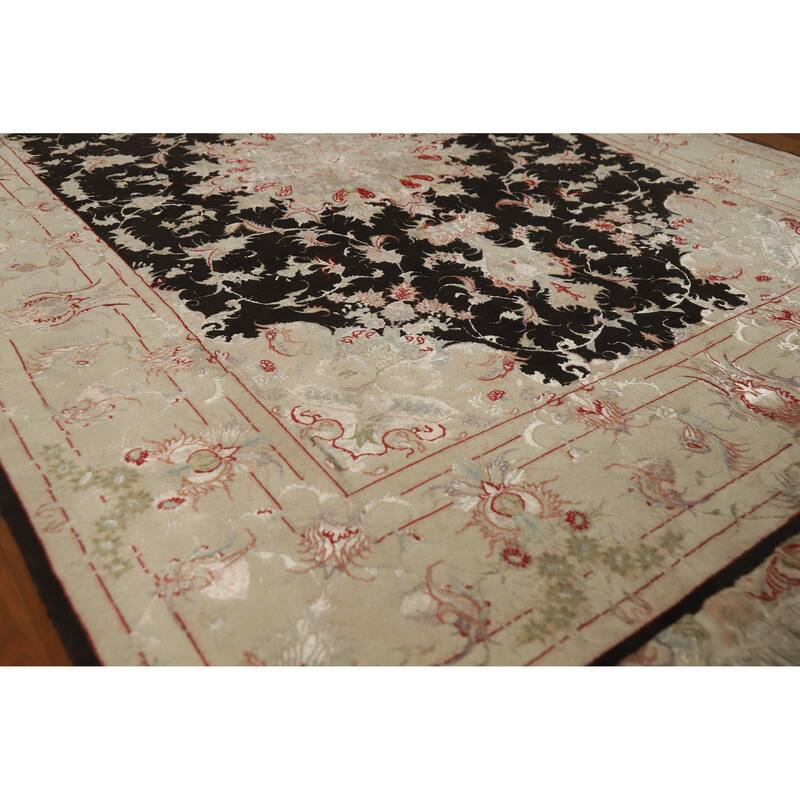 Hand Knotted Oriental Wool & Silk Carpet Traditional Floral Black Tabriz Area Rug - 7' 1'' X 4' 10''