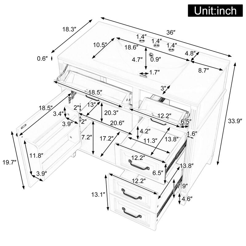 Roomfitters 36" Bathroom Vanity with Sink, Solid Wood Legs, 4 Drawers & Soft-Close Door with Storage Rack