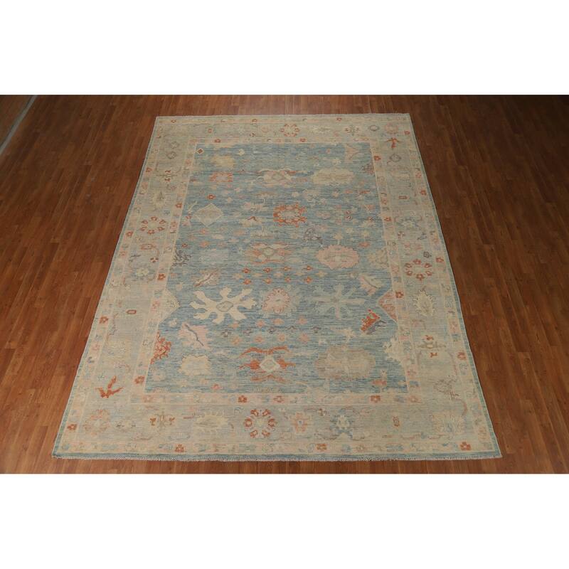Light Blue Vegetable Dye Oushak Turkish Area Rug Handmade Wool Carpet - 8'9"x 11'8"