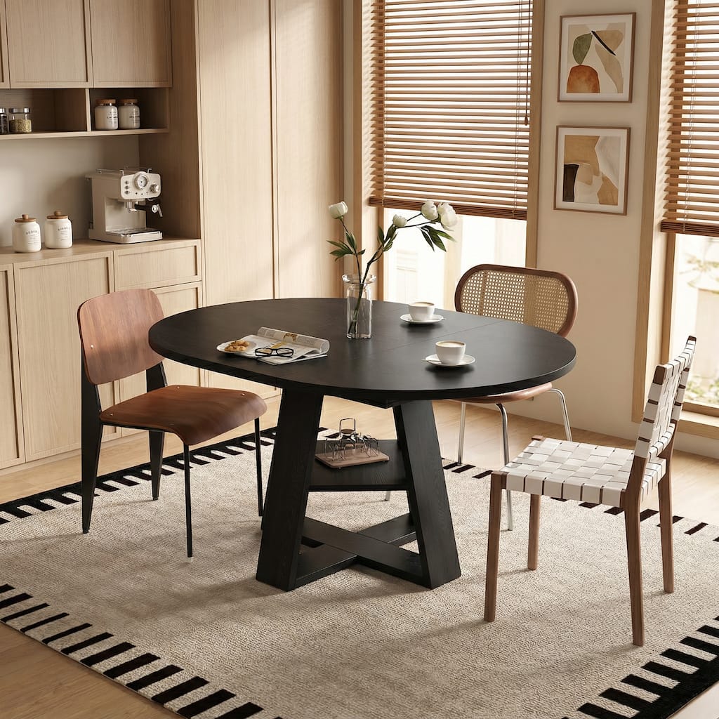 43.3in-59in Extendable Round Dining Table for 4-8, Oval Dining Table with Removable Leaves Space Saving with Storage Shelf