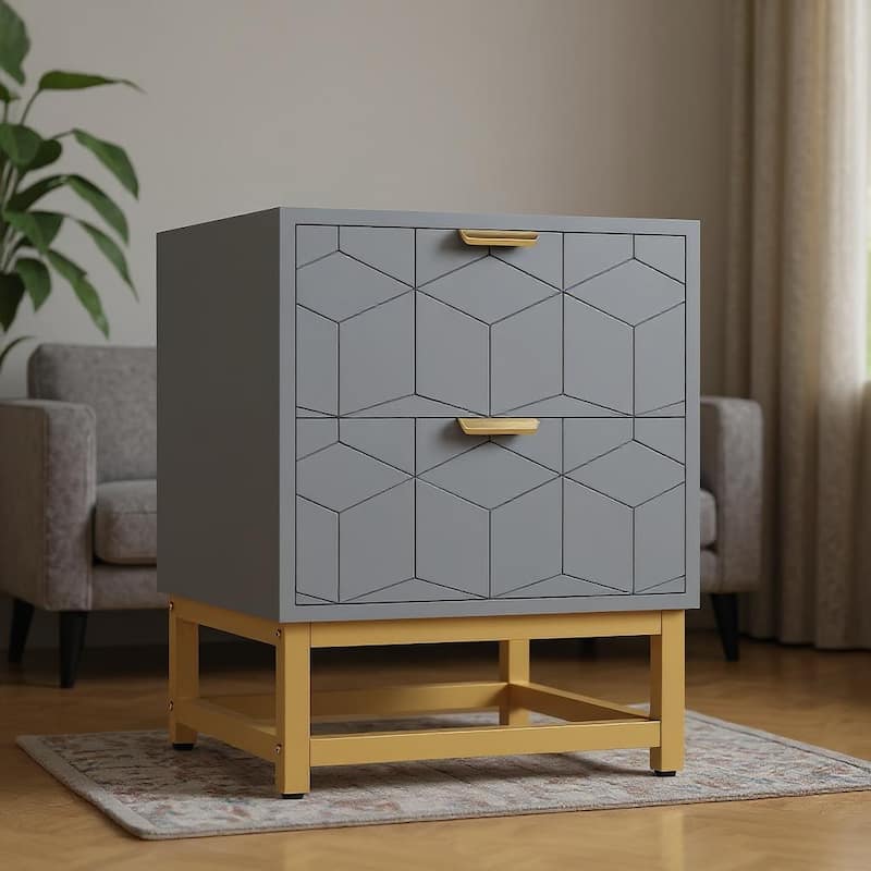 2 Drawer Dresser, with Metal Legs and Gold Handles - Grey