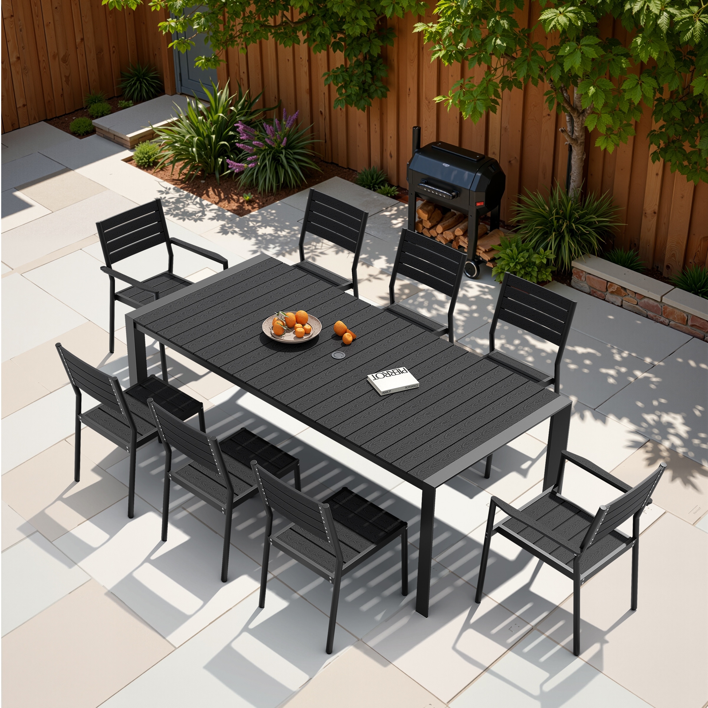 9-Piece Outdoor Patio Dining Set Wood Like Table Top Aluminum Rectangular Umbrella Hole Table with Stackable Chairs