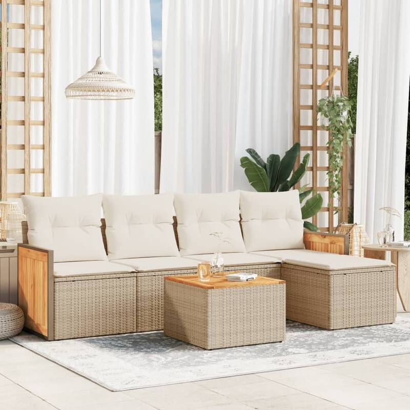 vidaXL Patio Sofa Set with Cushions Outdoor Conversation Furniture Poly Rattan - Beige and Cream-With table - 33.5 x 89.8 x 24.4
