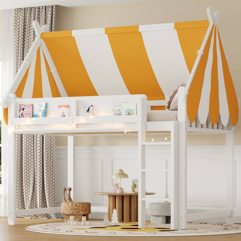 Roomfitters Twin/Full Size Loft Bed with Canopy, LED Lights and Book Shelf - White - Full