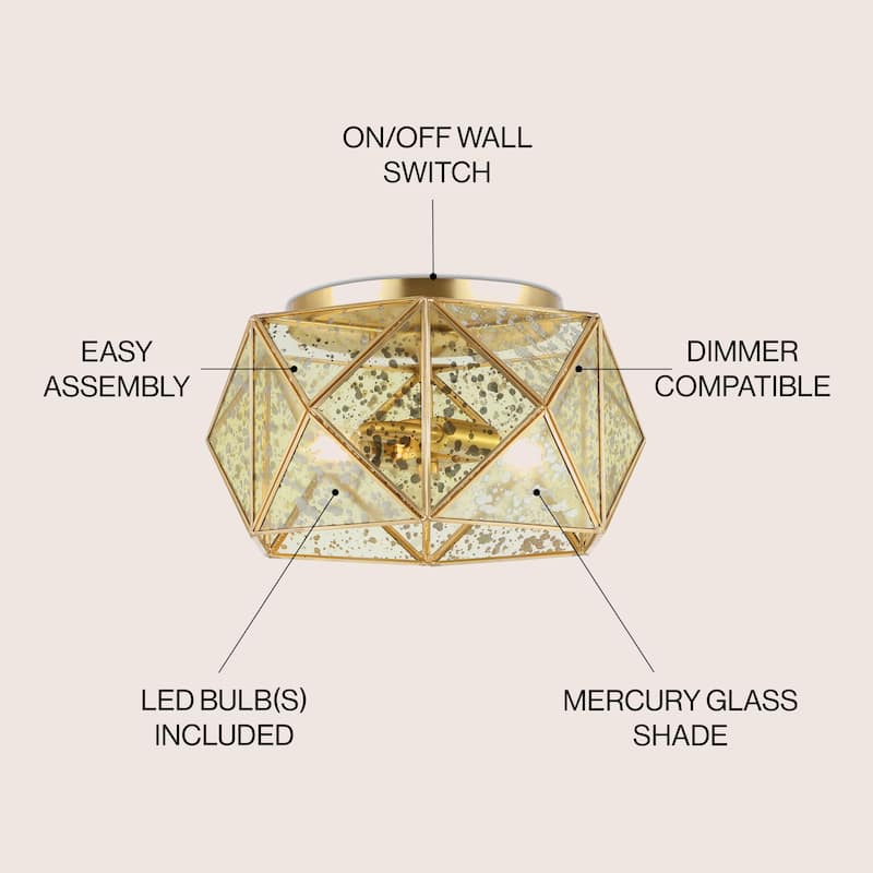 Theo 12.5" 2-Light Industrial Vintage Iron/Glass LED Flush Mount, Brass Gold by JONATHAN Y - 2 Light