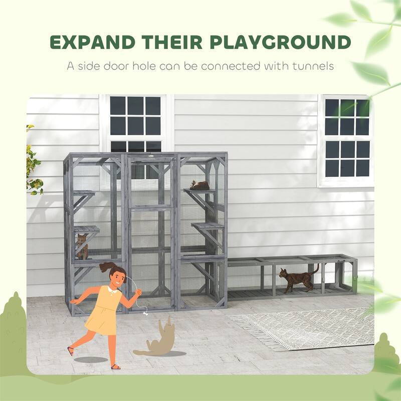 Freestanding Catio for 1 to 3 Cats with 6 Jumping Platforms Durable Fir Wood Gray Indoor Outdoor Enclosure