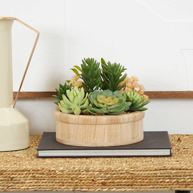Faux Foliage Artificial Plant with Brown Wooden Pot - Green - Roche River Decor - 8"W x 8"L x 7"H