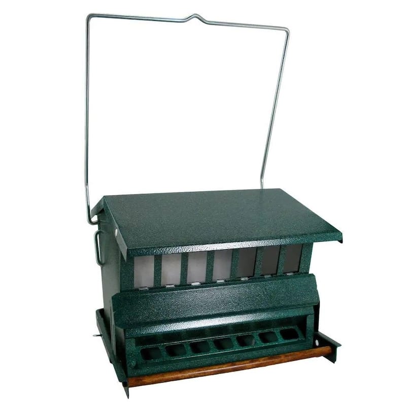 Rugged Green Metal Squirrel-Proof Bird Feeder with Easy-Refill Top and Pole Mount - 12"L x 14.5"W x 9.5"H
