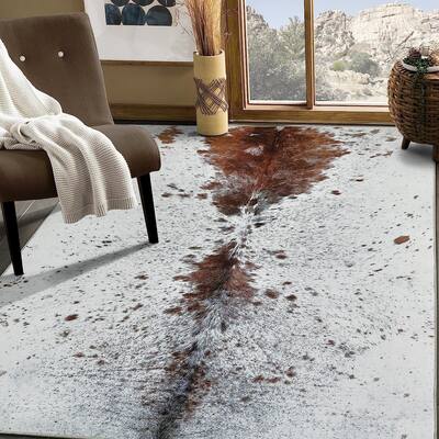 HR Print Rug Non-Slip Faux Cowhide Beige Brown Ivory and White Print Area Rug for Cabin and Lodge