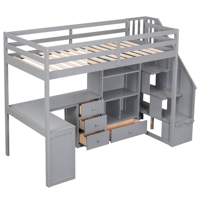 Twin/Full Loft Bed with L-Shaped Desk and Storage Staircase, Multi-Functional Solid Wood Loft Bed Frame with Drawers & Bookcase