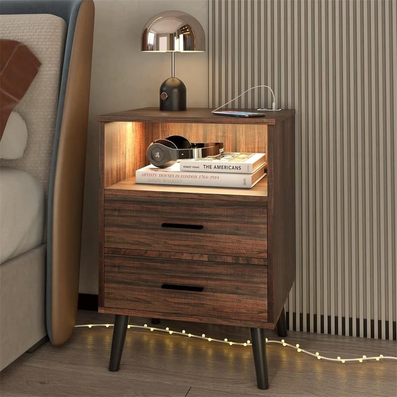Nightstand with Charging Station - Rustic Brown